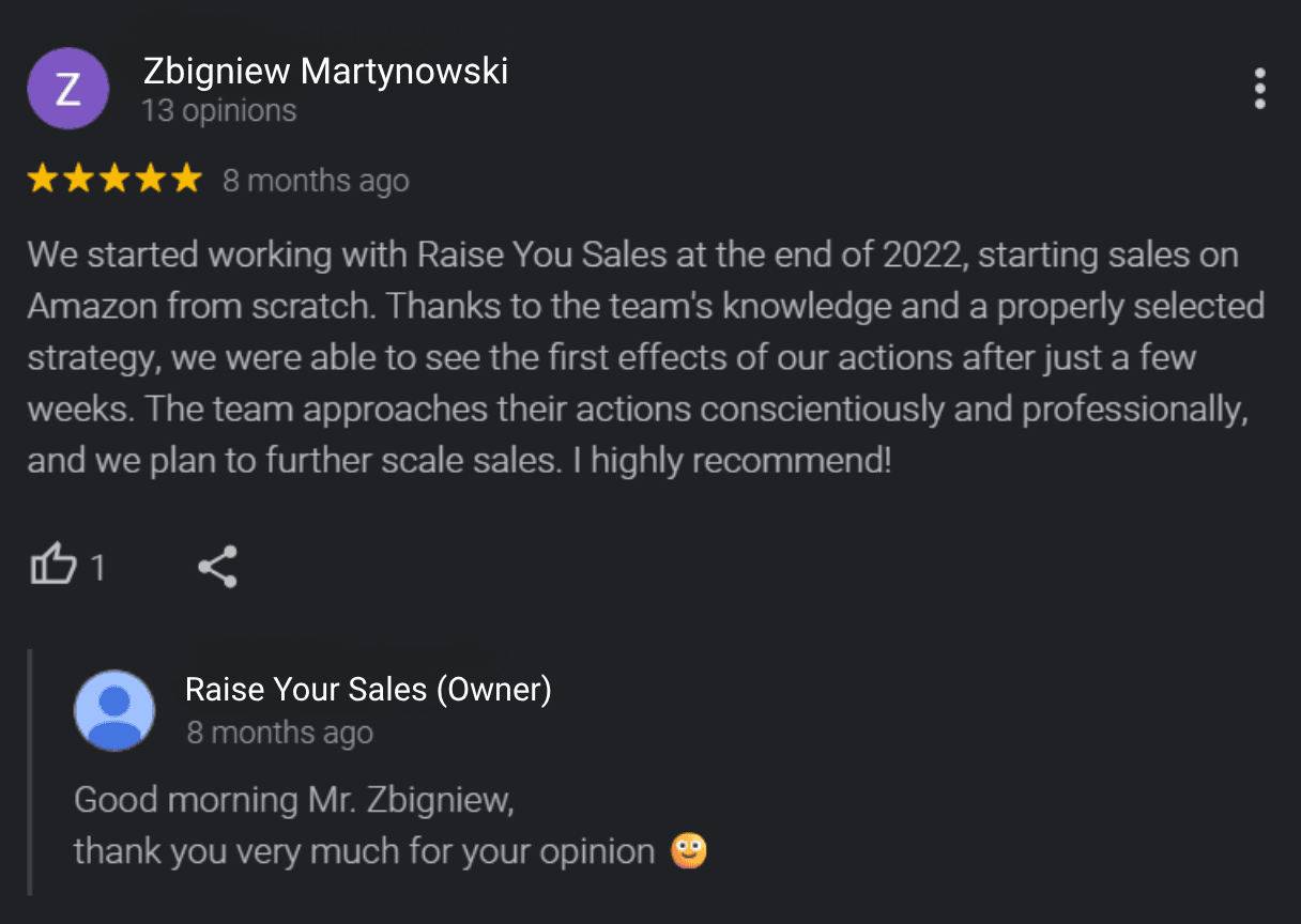 Recenzia na Googli od klienta značky Igart o spolupráci s Raise Your Sales