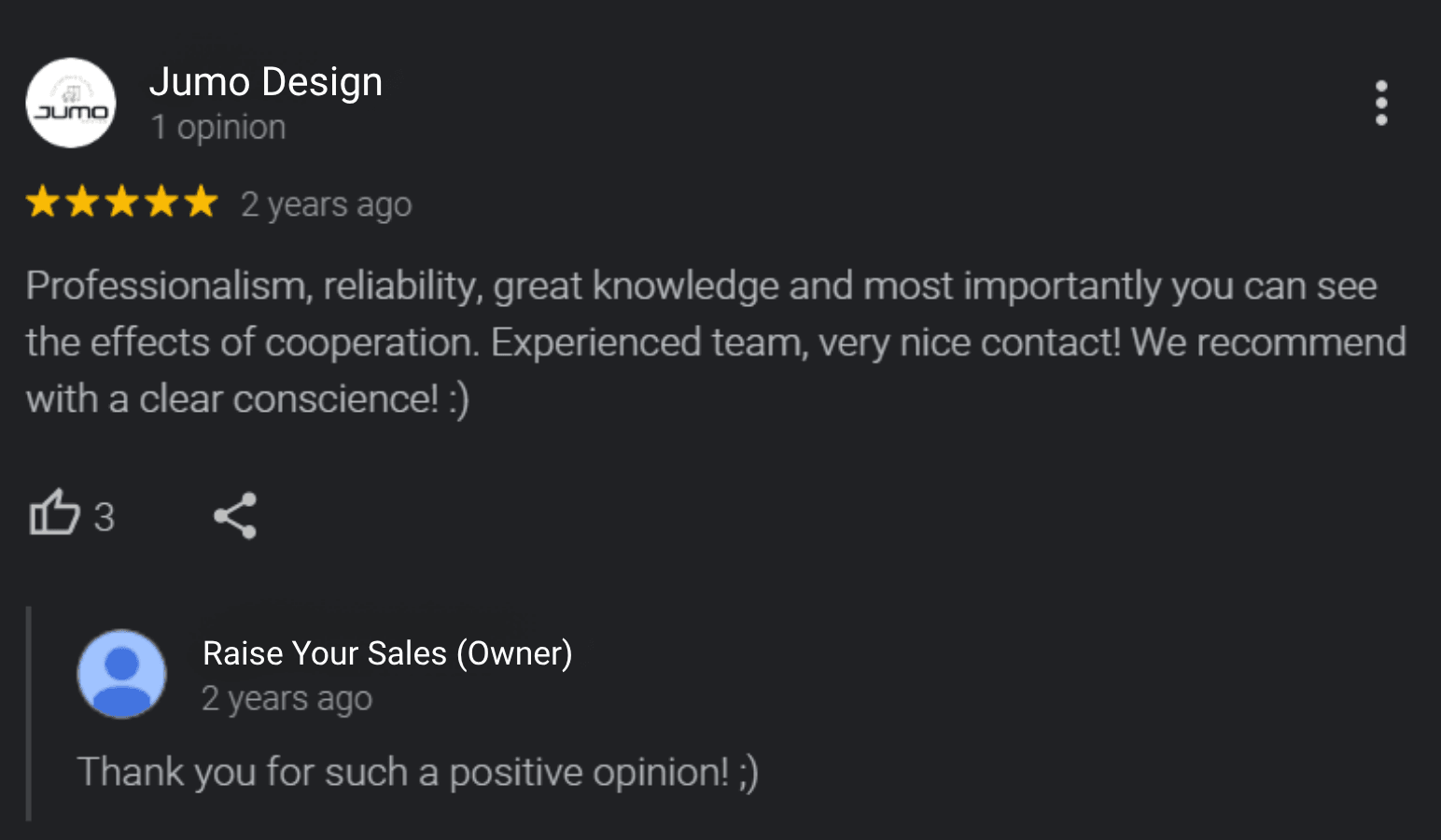 Recenzia na Googli od klienta značky Jumo o spolupráci s Raise Your Sales