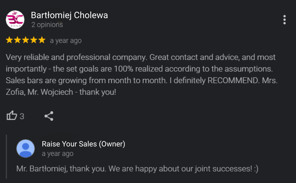 Recenzia na Googli od klienta značky Lakma o spolupráci s Raise Your Sales