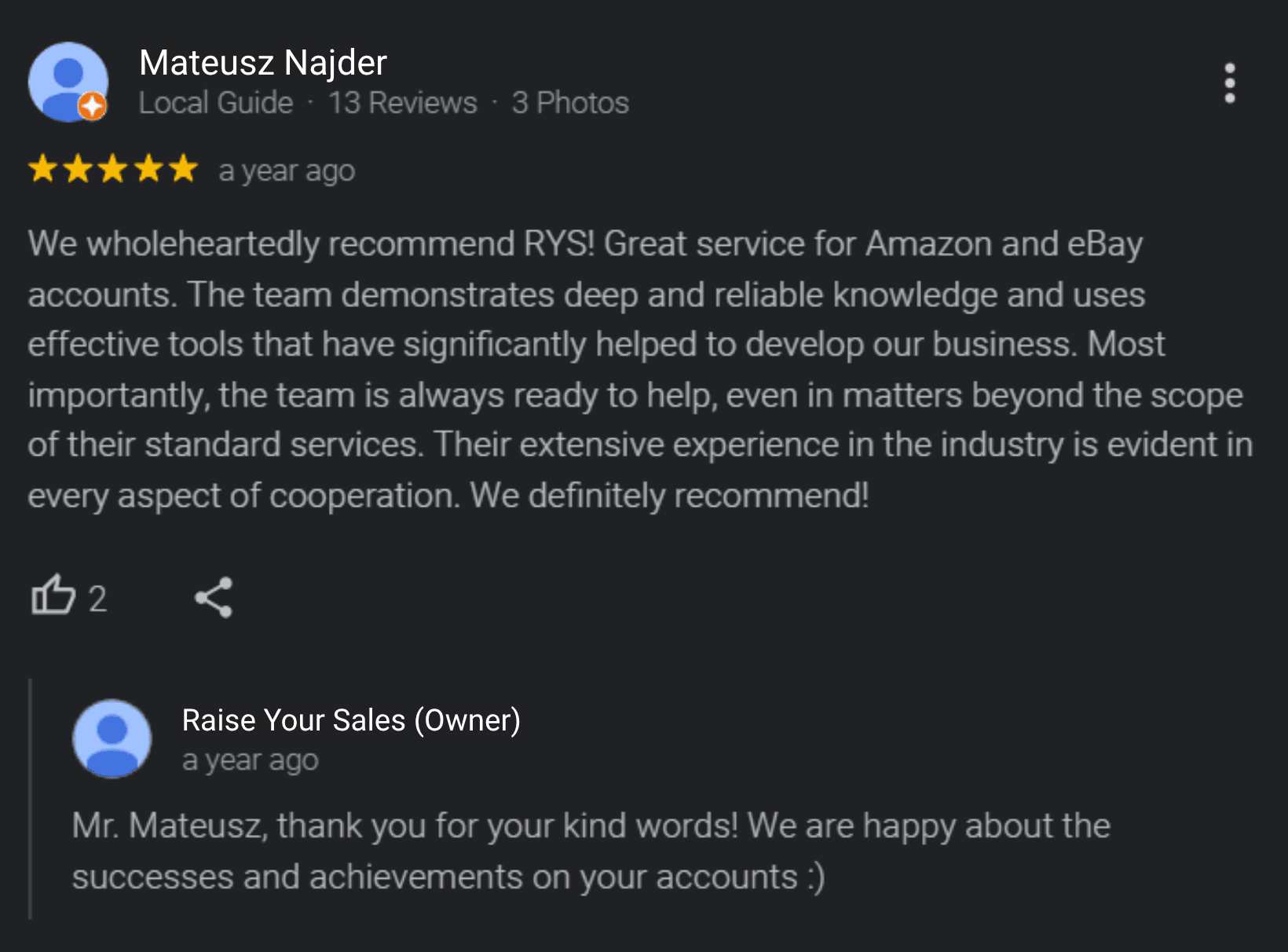 Recenzia na Googli od Mateusza Najdera o spolupráci s Raise Your Sales