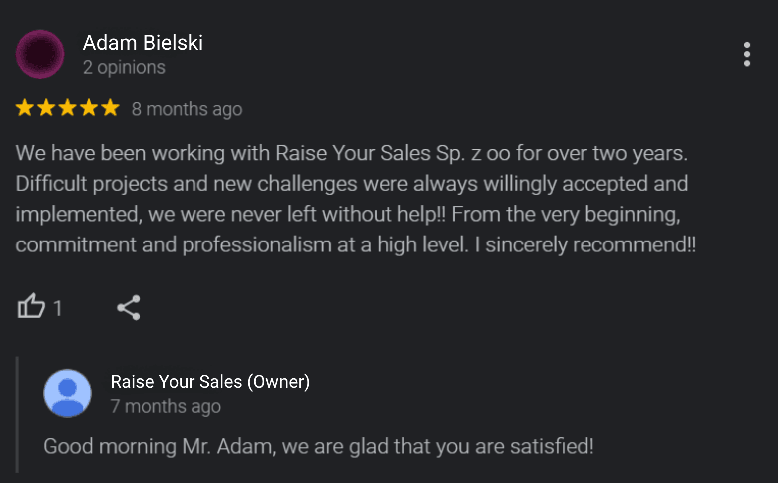 Recenzia na Googli od klienta značky SuperProfile o spolupráci s Raise Your Sales