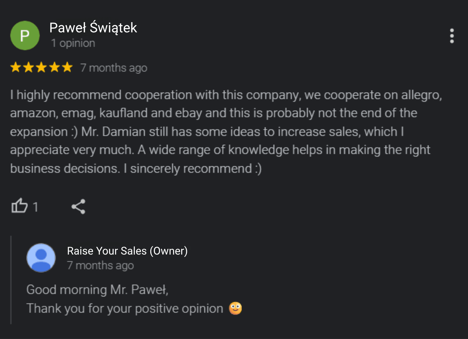 Recenzia na Googli od klienta značky Taphiceros o spolupráci s Raise Your Sales