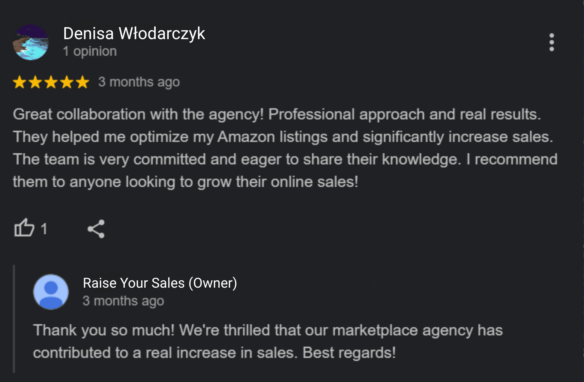 Recenzia na Googli od klienta značky Wamar o spolupráci s Raise Your Sales