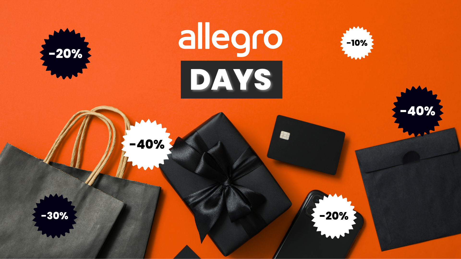 Logo Allegro Days na oranžovom pozadí, nákupné tašky, darček, platobná karta a zľavové štítky od -10 % do -40 %