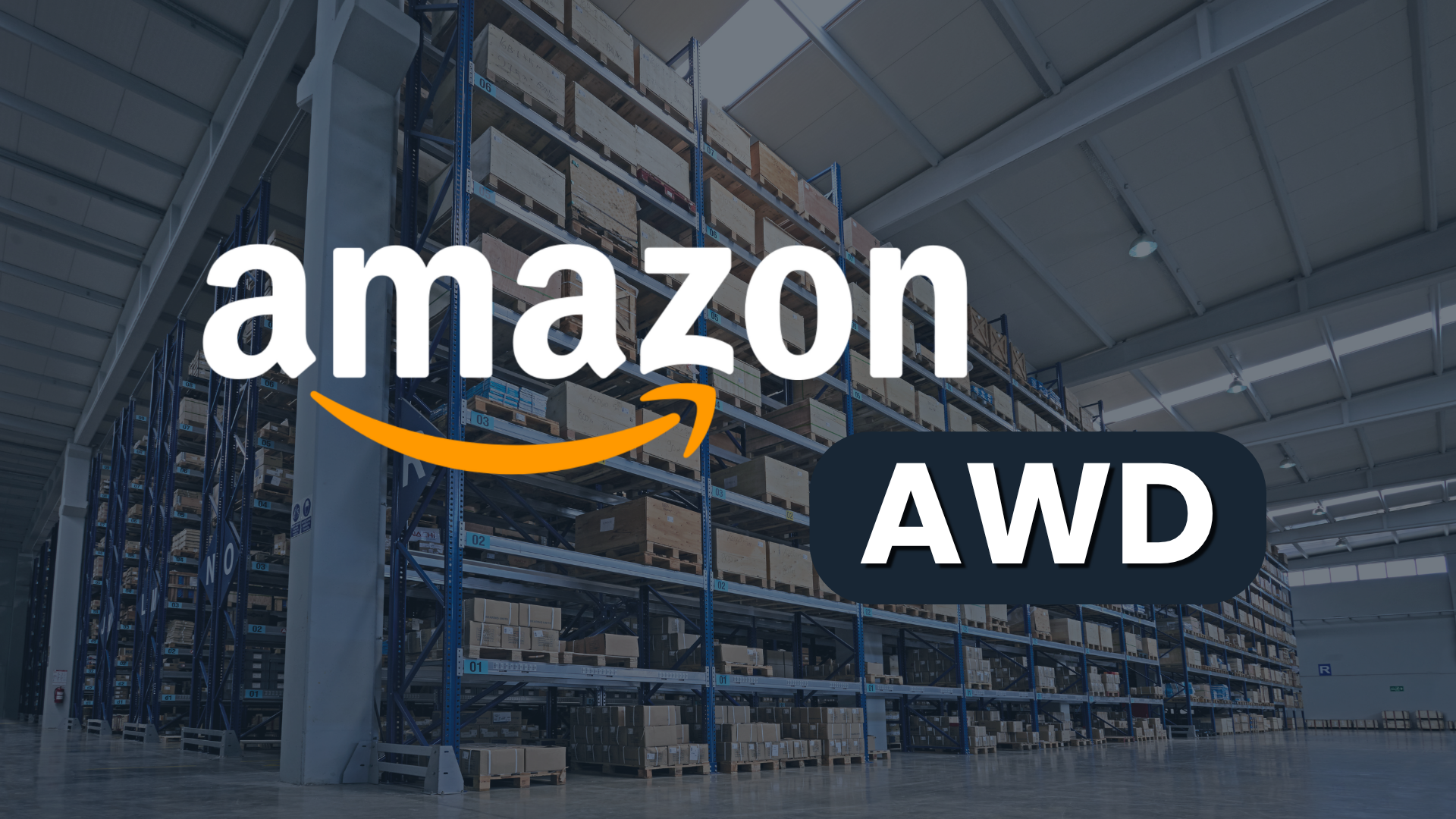 Logo Amazonu a nápis AWD na pozadí vysokých regálov s paletami a kartónmi v hromadnom sklade