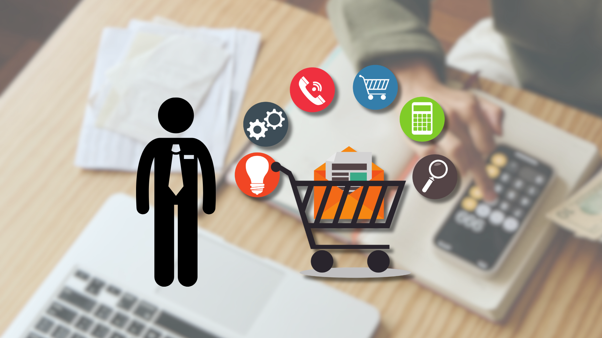 Piktogram manažéra pri nákupnom košíku, okolo ikony telefónu, kalkulačky a lupy – náplň práce E-commerce Managera