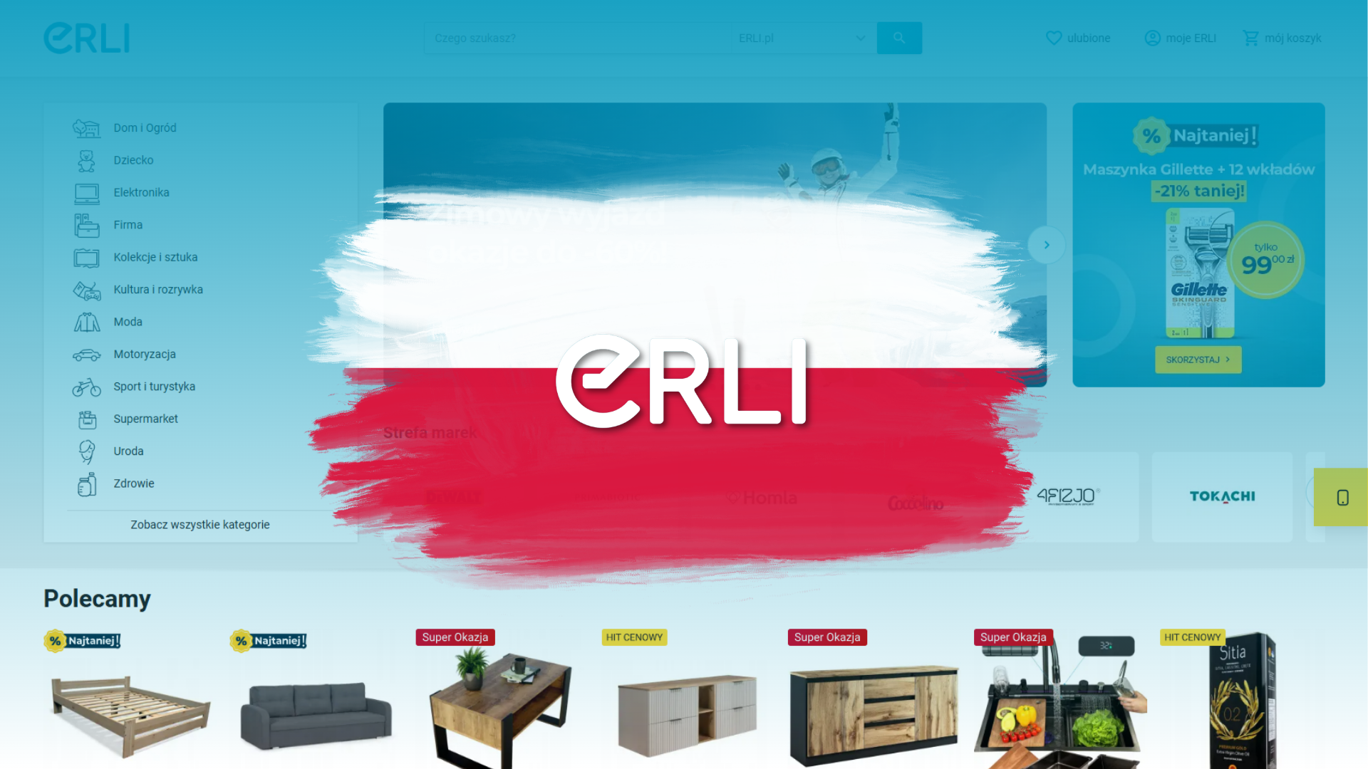 Logo ERLI na bielo-červenej vlajke, v pozadí web erli.pl s kategóriami Dom a Záhrada, Móda, Elektronika a Krása