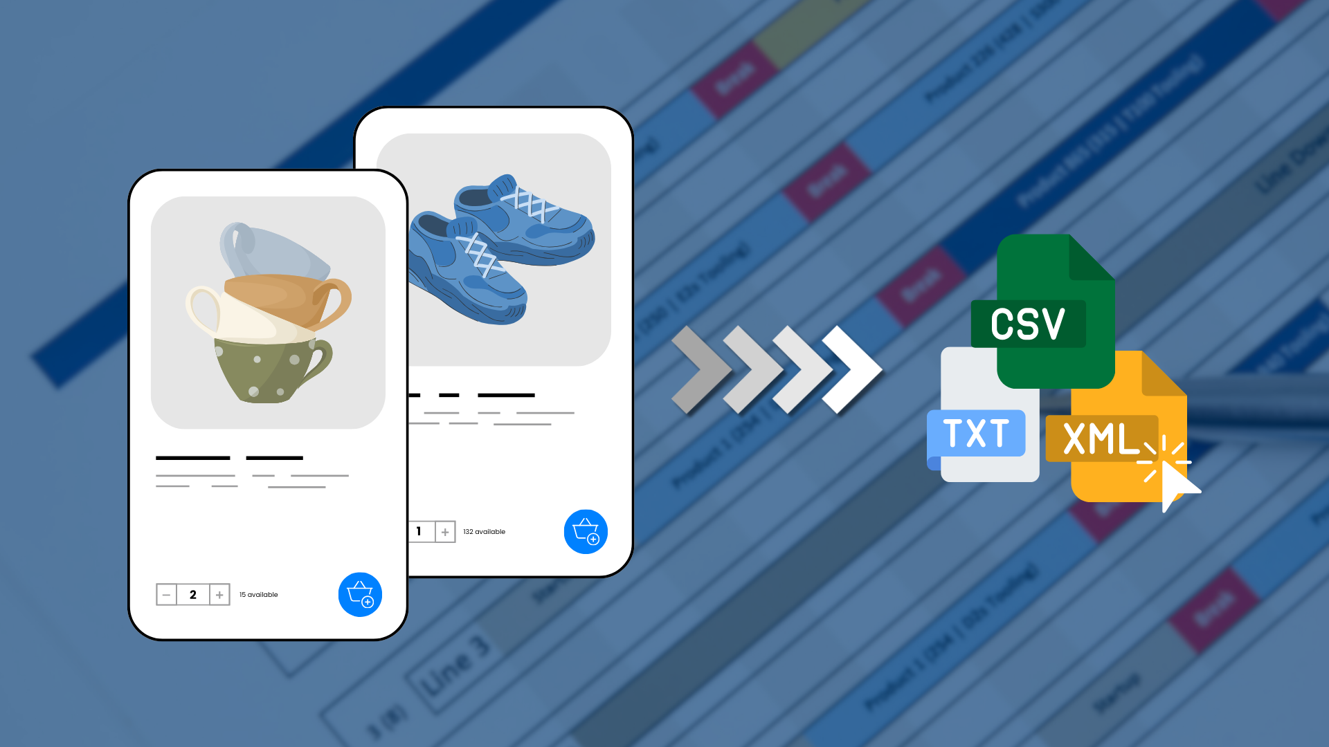 Produktové karty s hrnčekmi a modrými topánkami, od ktorých vedú šípky k súborom CSV, TXT a XML produktového feedu