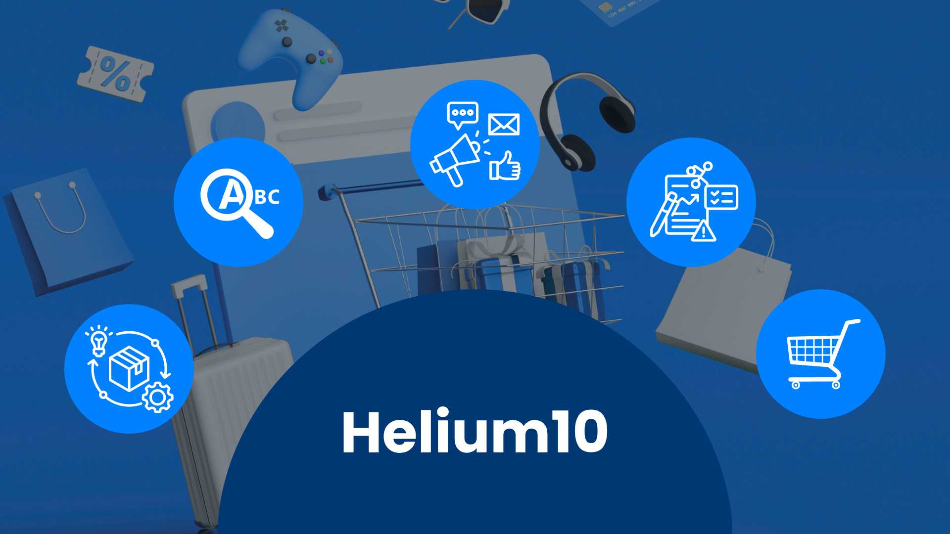 Nápis Helium10 obklopený ikonami researchu kľúčových slov, reklamy, analytiky a produktov na pozadí nákupného košíka