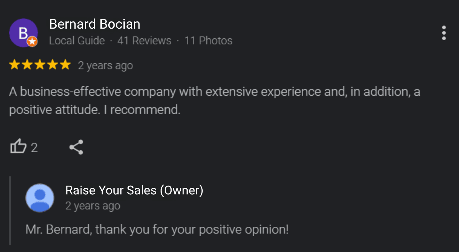 Recenzia na Googli od klienta značky Meester o spolupráci s Raise Your Sales