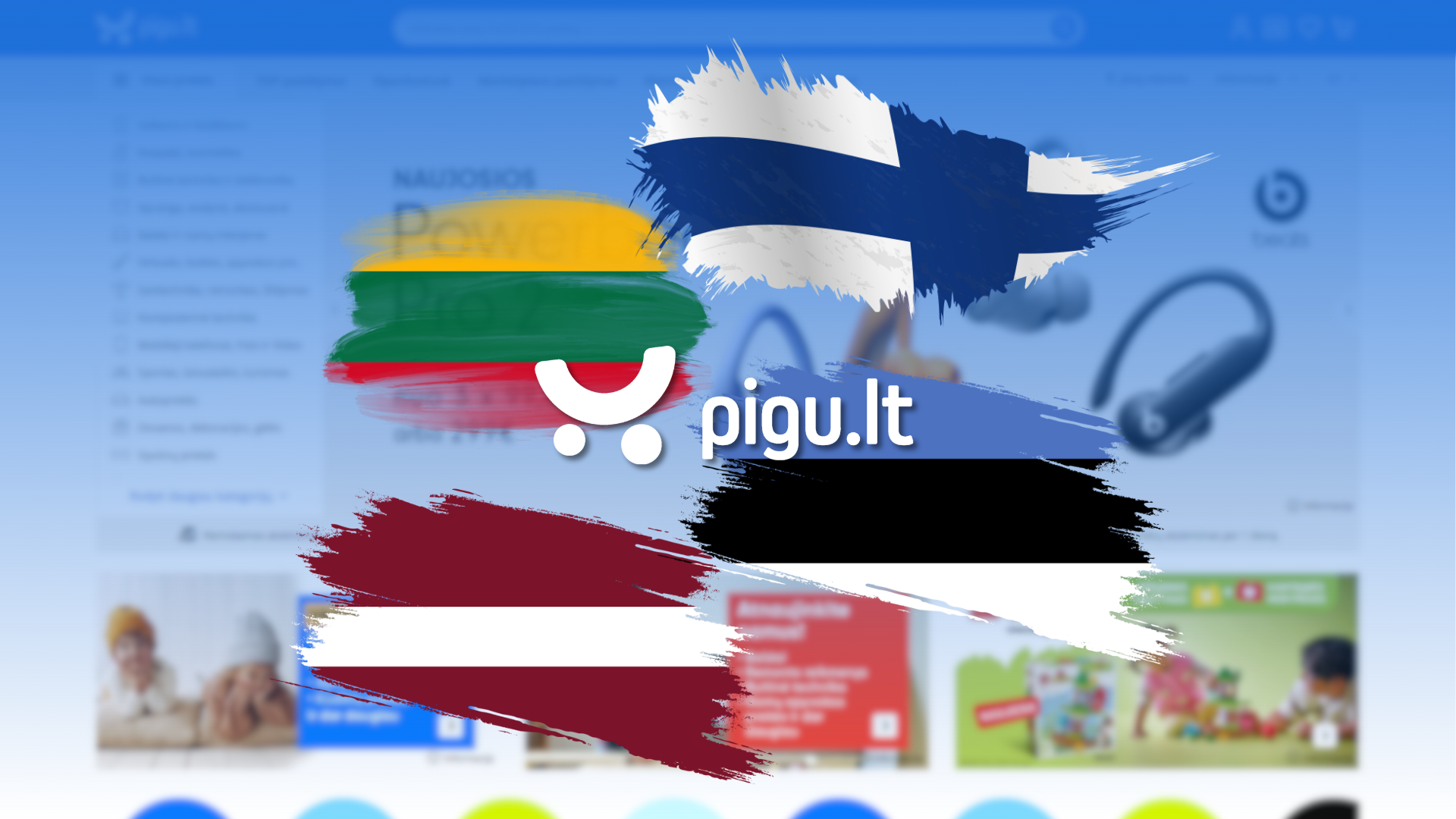Logo Pigu obklopené vlajkami Litvy, Lotyšska, Estónska a Fínska na pozadí rozmazanej úvodnej stránky pigu.lt