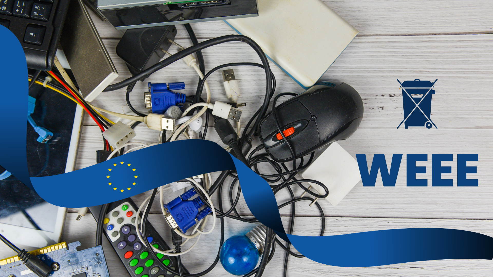 Zamotané káble, konektory USB a VGA, myš a diaľkový ovládač na bielom stole vedľa symbolu prečiarknutého koša a nápisu WEEE