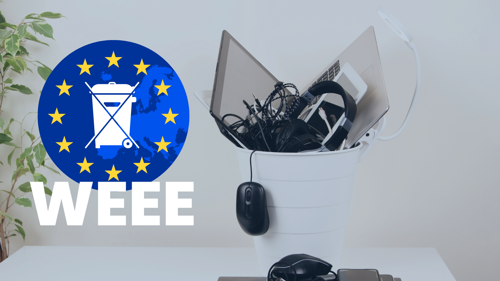 Vyradené notebooky, káble a slúchadlá v koši vedľa únijného symbolu WEEE – povinnosti predajcov elektroniky na Amazone
